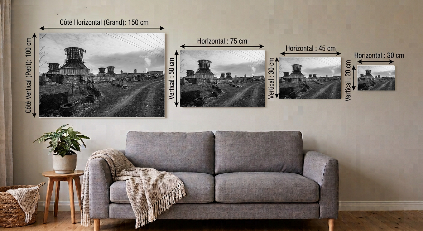 Sizes_Wall — Échelle comparative des formats FineArt au-dessus d'un canapé
